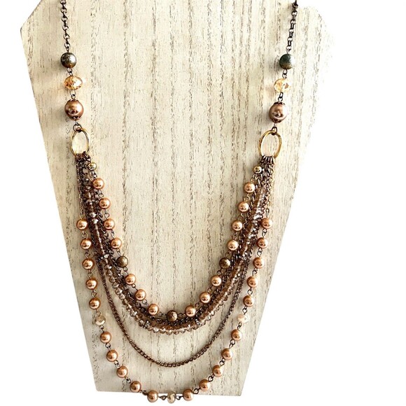 Layered Necklace Mocha Faceted Beads And Chains   Five Strands 32" Extension - Picture 1 of 8